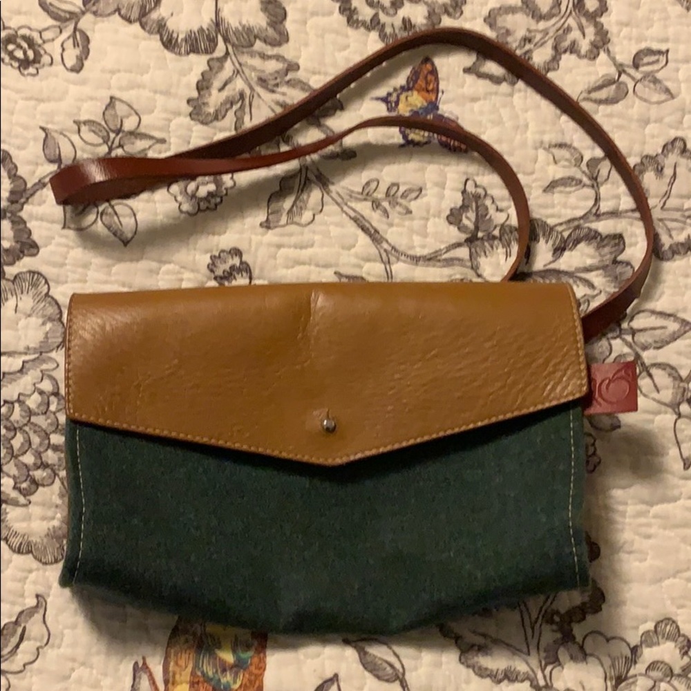 Leather & Denim made clutch with long strap
